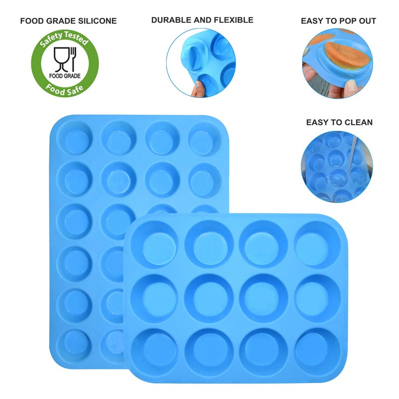Helpcook Silicone Muffin Pan Cupcake Set â€“ Non-Stick 12 Cups and Mini 24 Cups,Silicone Baking Molds,BPA Free Muffin Tin with 1 Spatula & 1 Oil Brush (blue) - Image 4